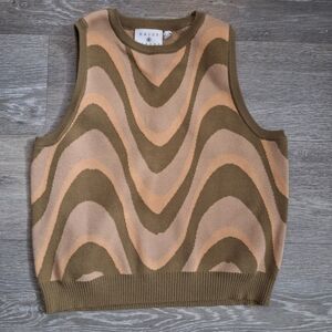 Daisy Street 70s Retro Earth Tone Wave Knit Sweater Vest in Brown & Peach Hippie
